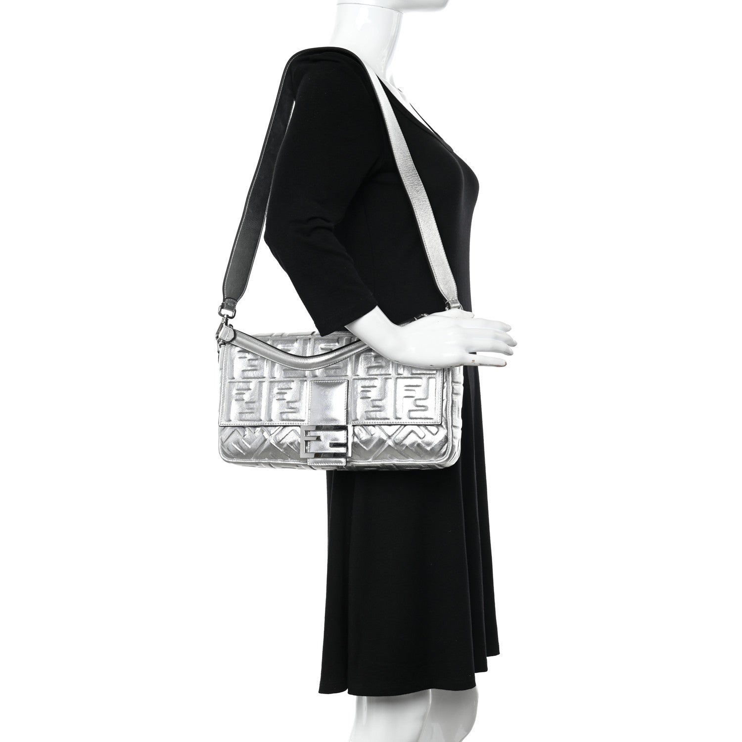 Fendi Vitello Catalan Mirror FF 1974 Embossed Large Baguette Argento 2 of 8