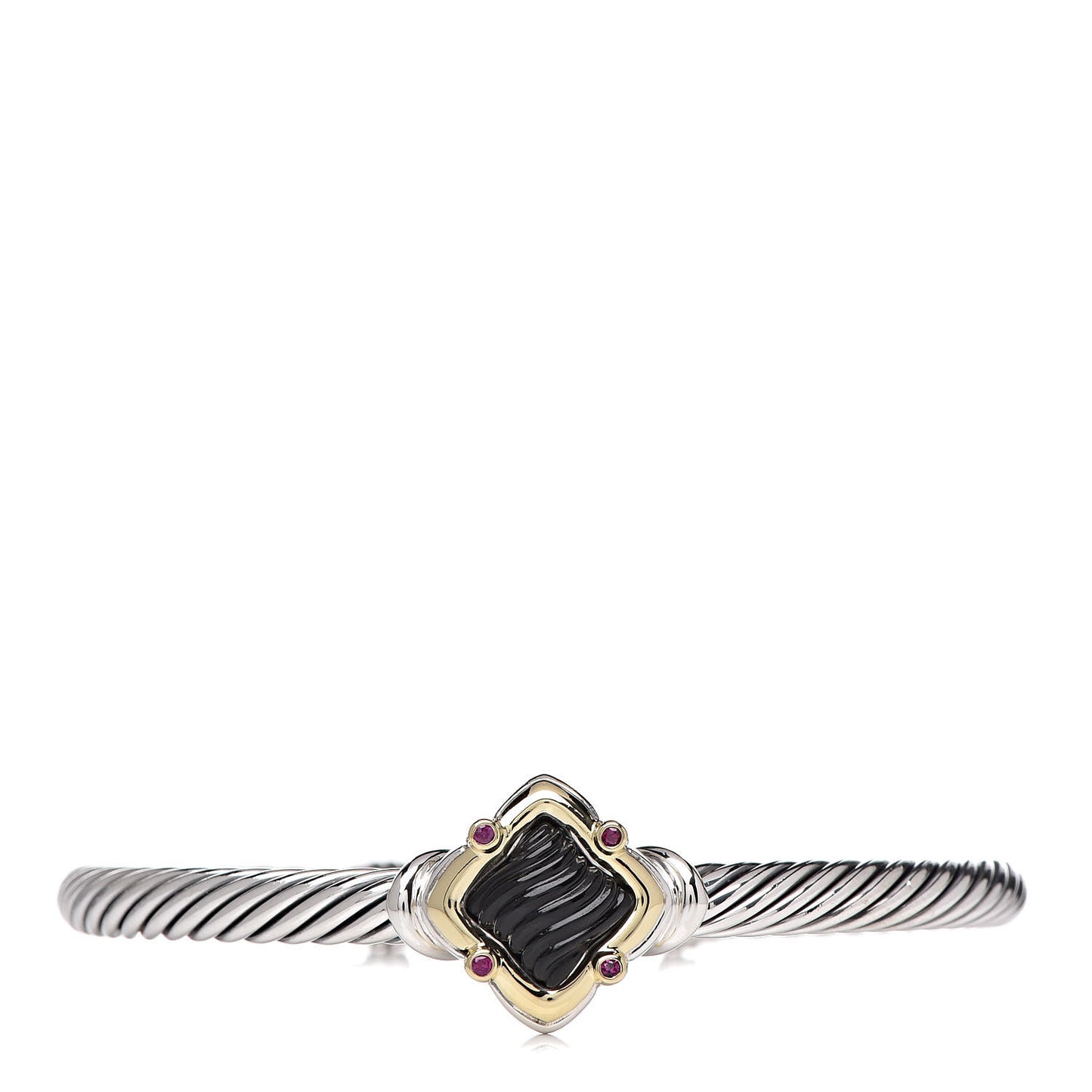 Sterling Silver 18K Yellow Gold Black Onyx Ruby Quatrefoil Cable Bracelet