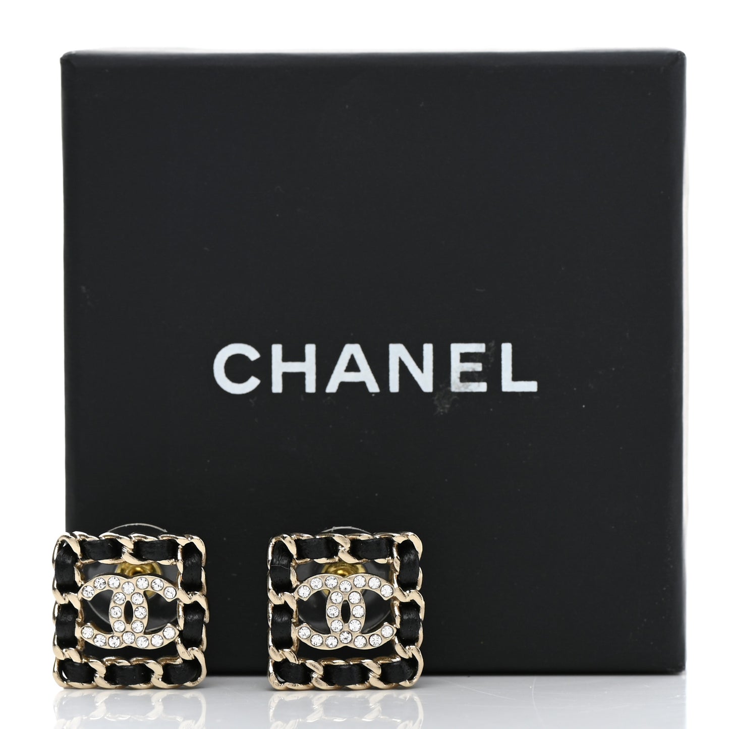 Crystal Lambskin Chain Sergeant Chanel Stud Earrings Black Gold