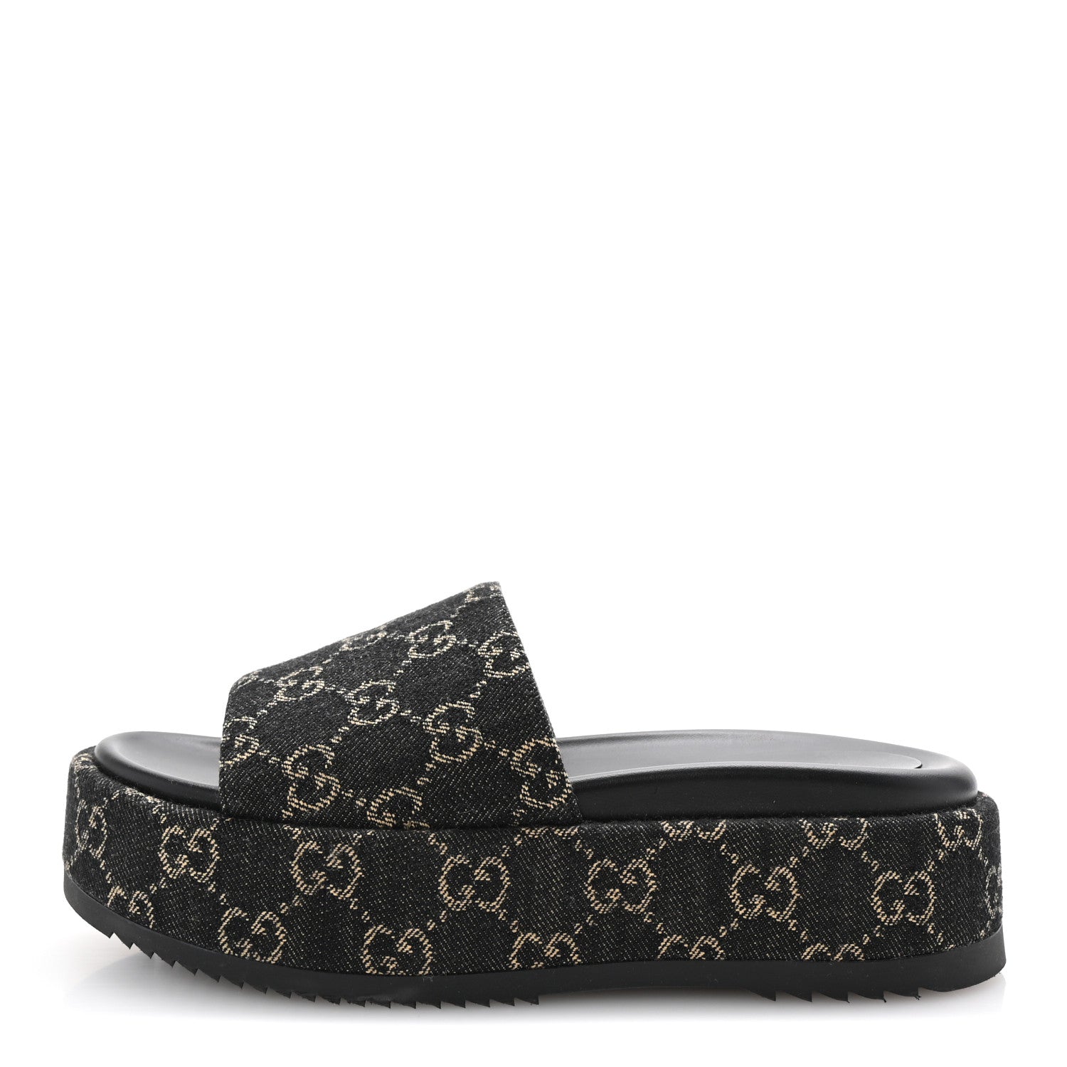 Gucci Jacquard Black Denim GG Monogram Angelina Platform 55mm Slide Sandals 37 Black Ivory 1 of 10