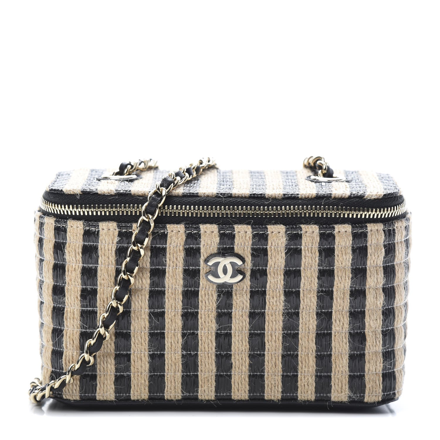Chanel Raffia Jute Striped Small Vanity Case With Chain Black Beige 1 of 11