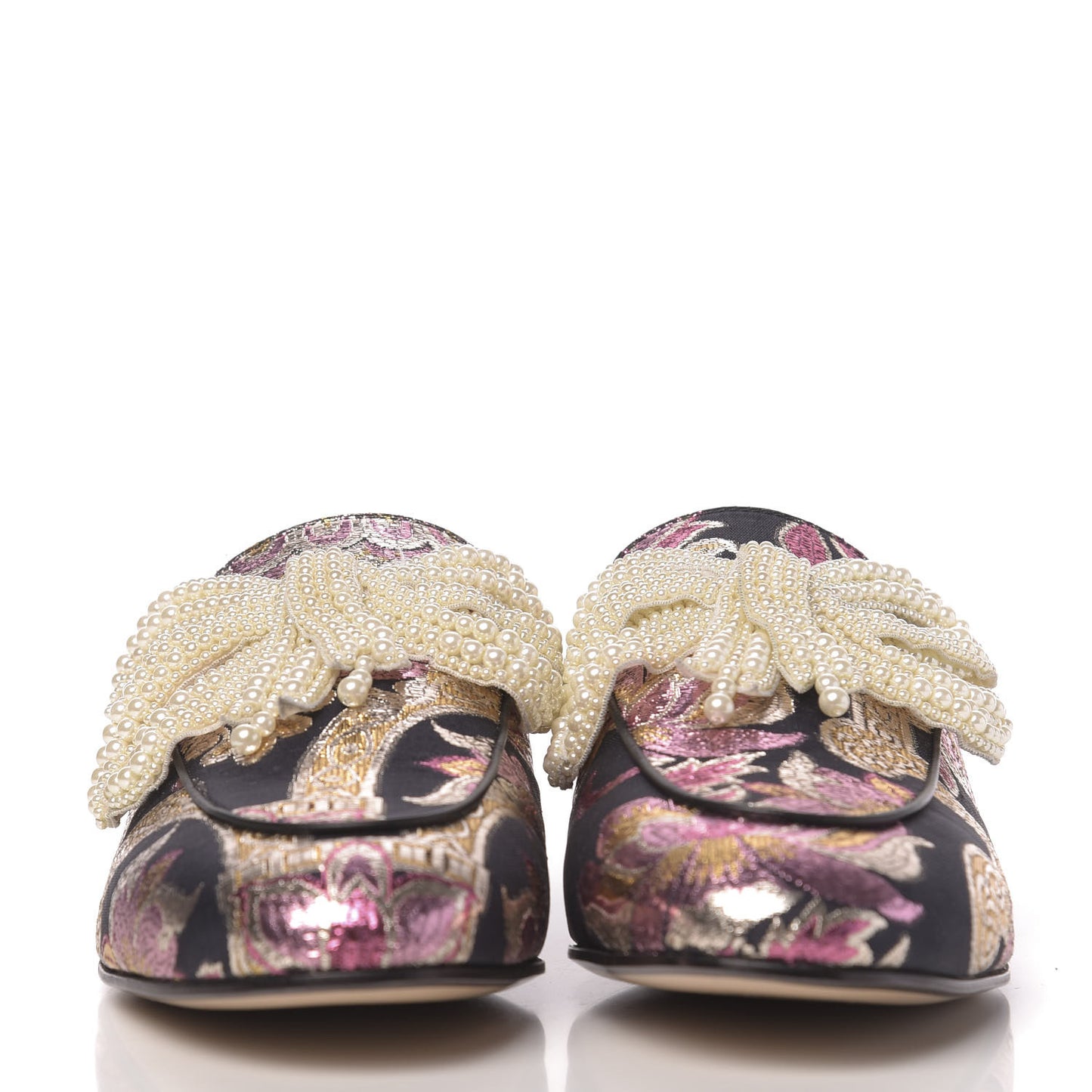 Iridescent Brocade Pearl Bow Womens Princetown Slippers 39.5 Black Pink