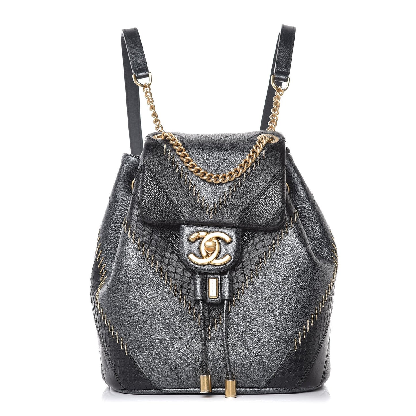 Metallic Calfskin Snakeskin Chevron Quilted Backpack Black