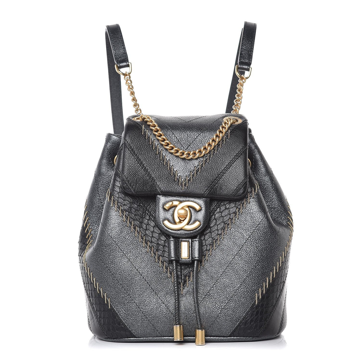 Chanel Metallic Calfskin Snakeskin Chevron Quilted Backpack Black 1 of 8