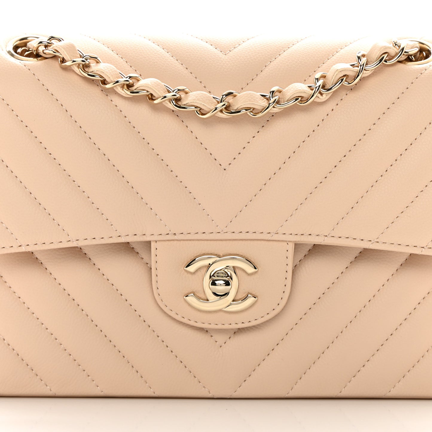 Caviar Chevron Quilted Small Double Flap Beige