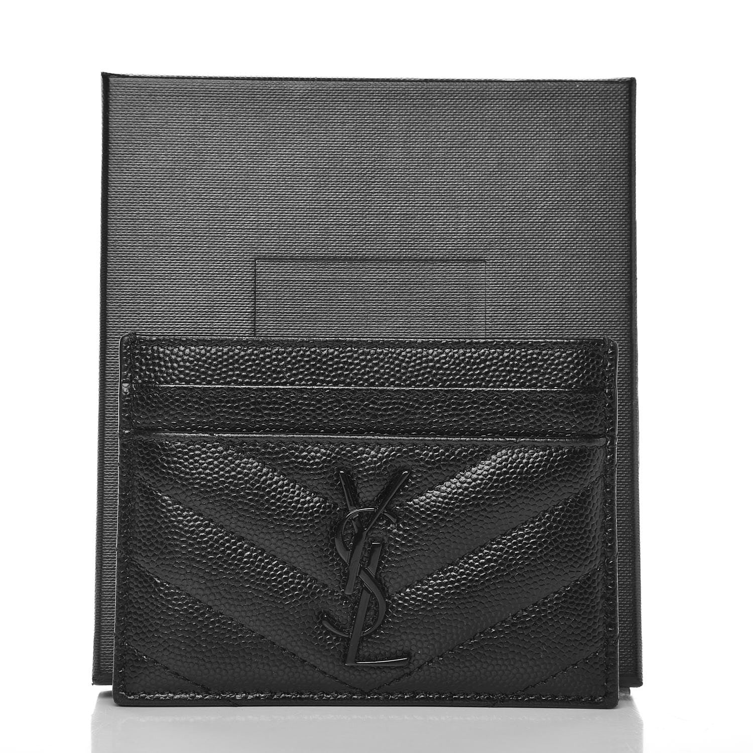 Saint Laurent Grain De Poudre Matelasse Chevron Monogram Credit Card Case Black 8 of 8