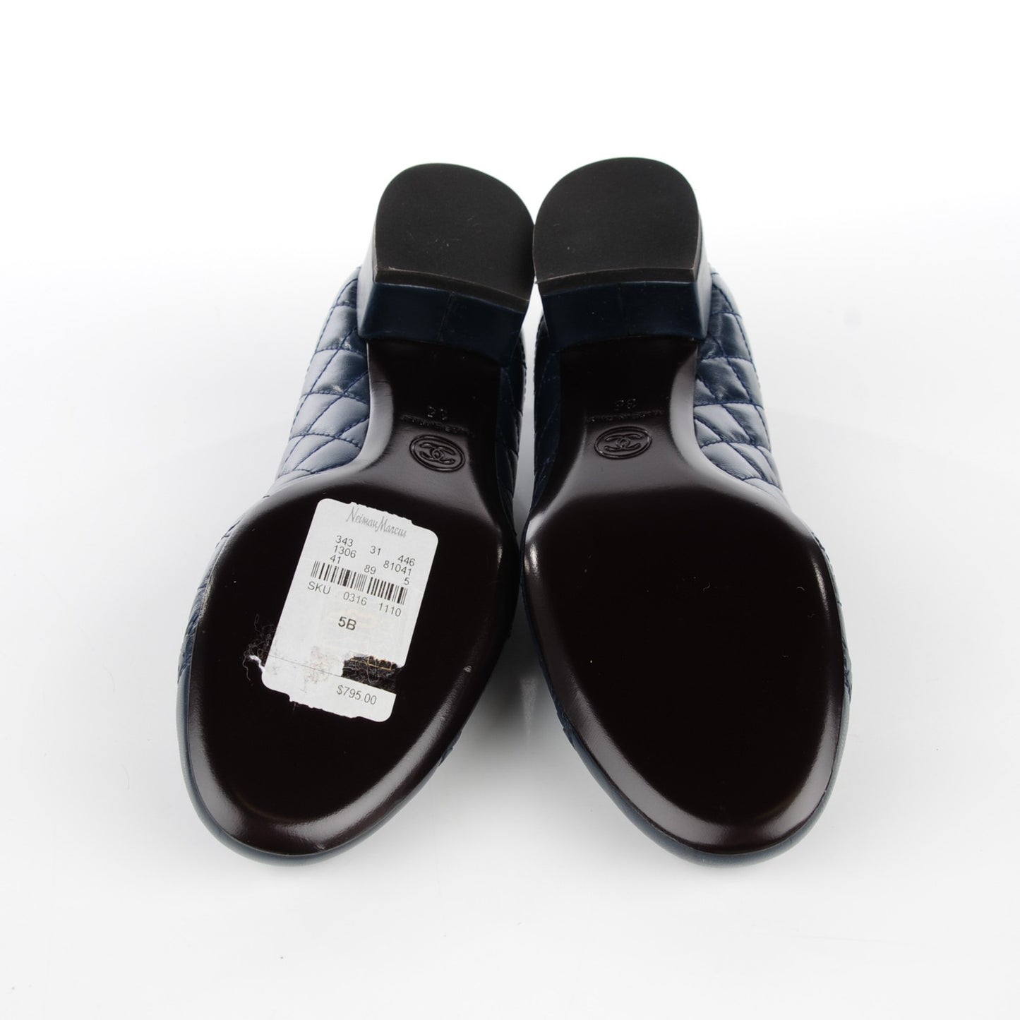 Lambskin Quilted CC Cap Toe Low Heel Ballerina Pumps 35 Navy Blue