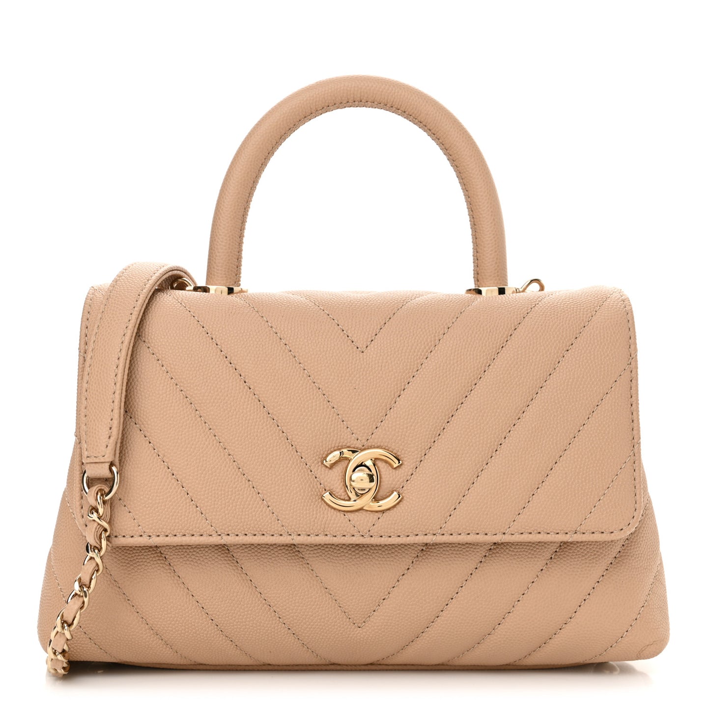 Caviar Chevron Quilted Mini Coco Handle Flap Beige