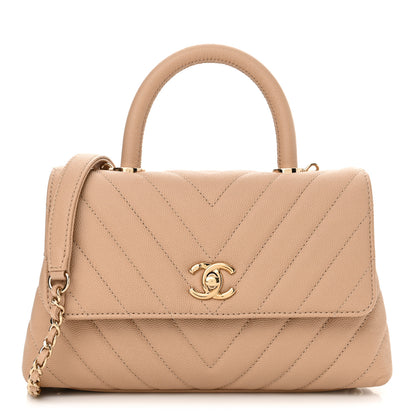 Chanel Caviar Chevron Quilted Mini Coco Handle Flap Beige 1 of 10