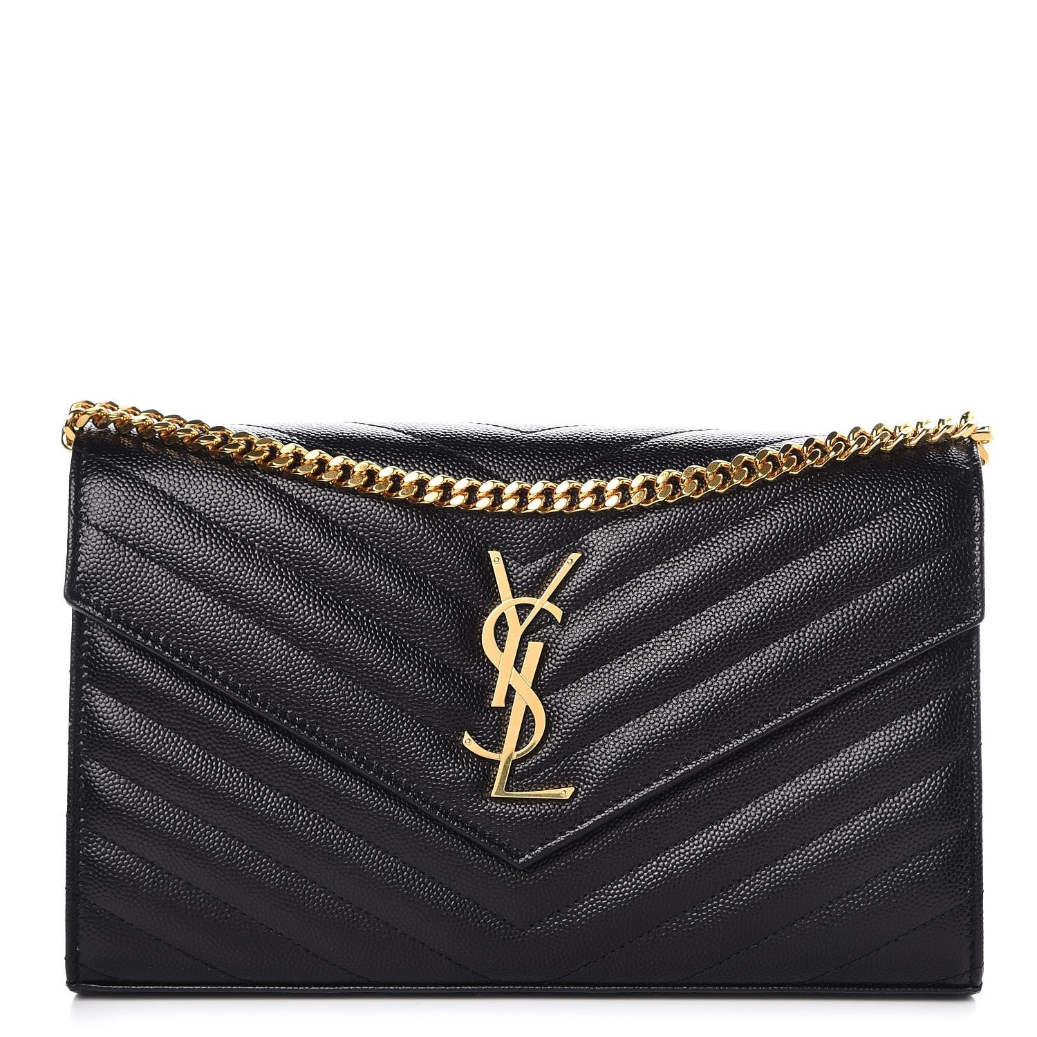Saint Laurent Grain De Poudre Matelasse Chevron Monogram Chain Wallet Black 1 of 8