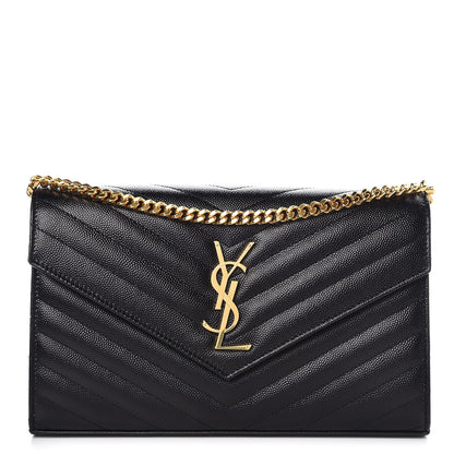 Saint Laurent Grain De Poudre Matelasse Chevron Monogram Chain Wallet Black 1 of 8