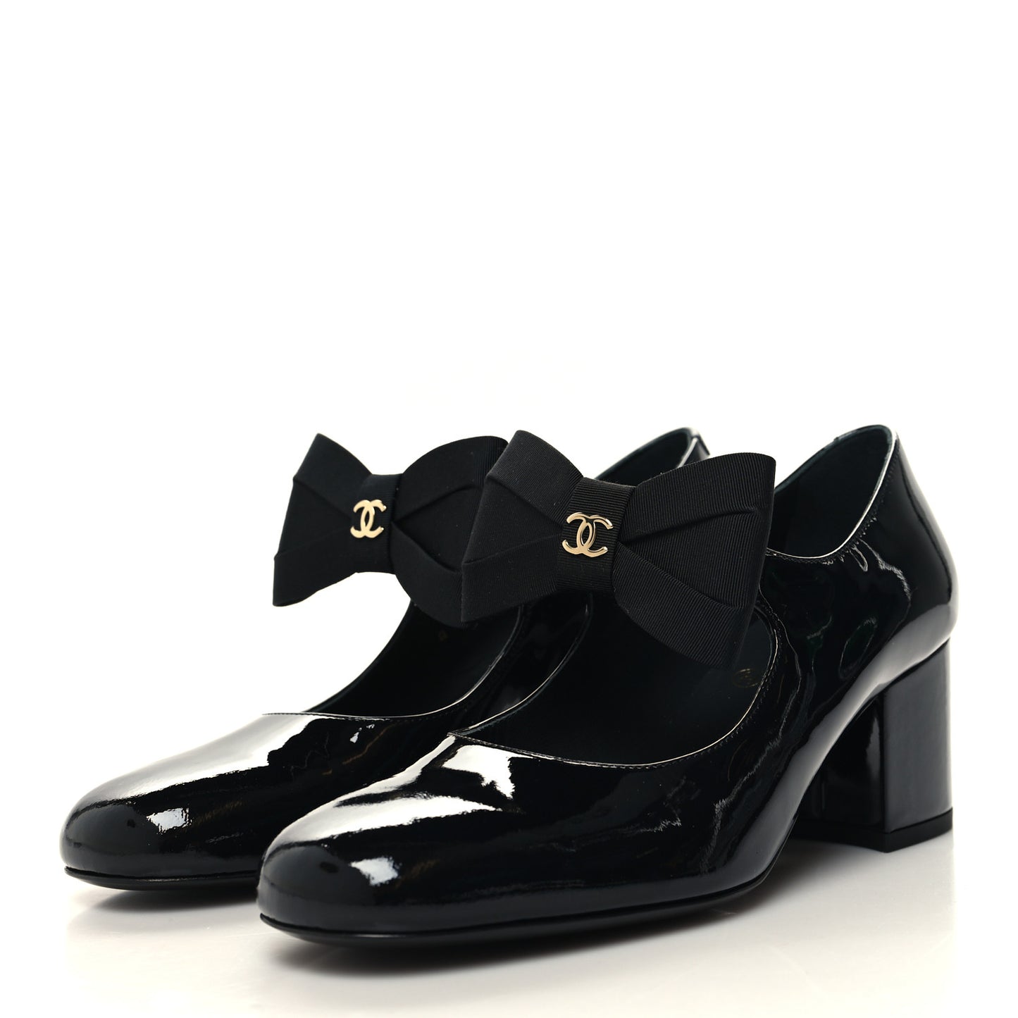 Patent Calfskin Grosgrain CC Mary Jane Pumps 36 Black