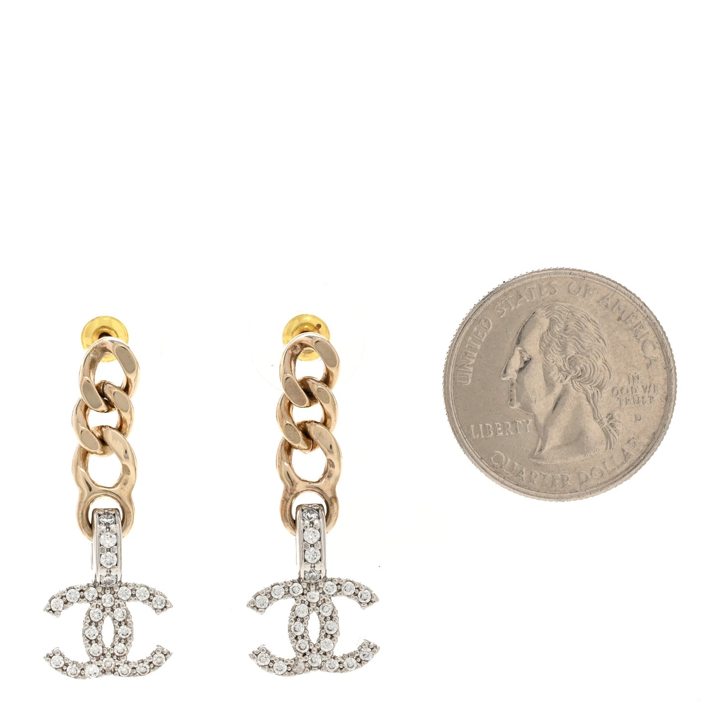 Metal Crystal CC Chain Drop Earrings Gold