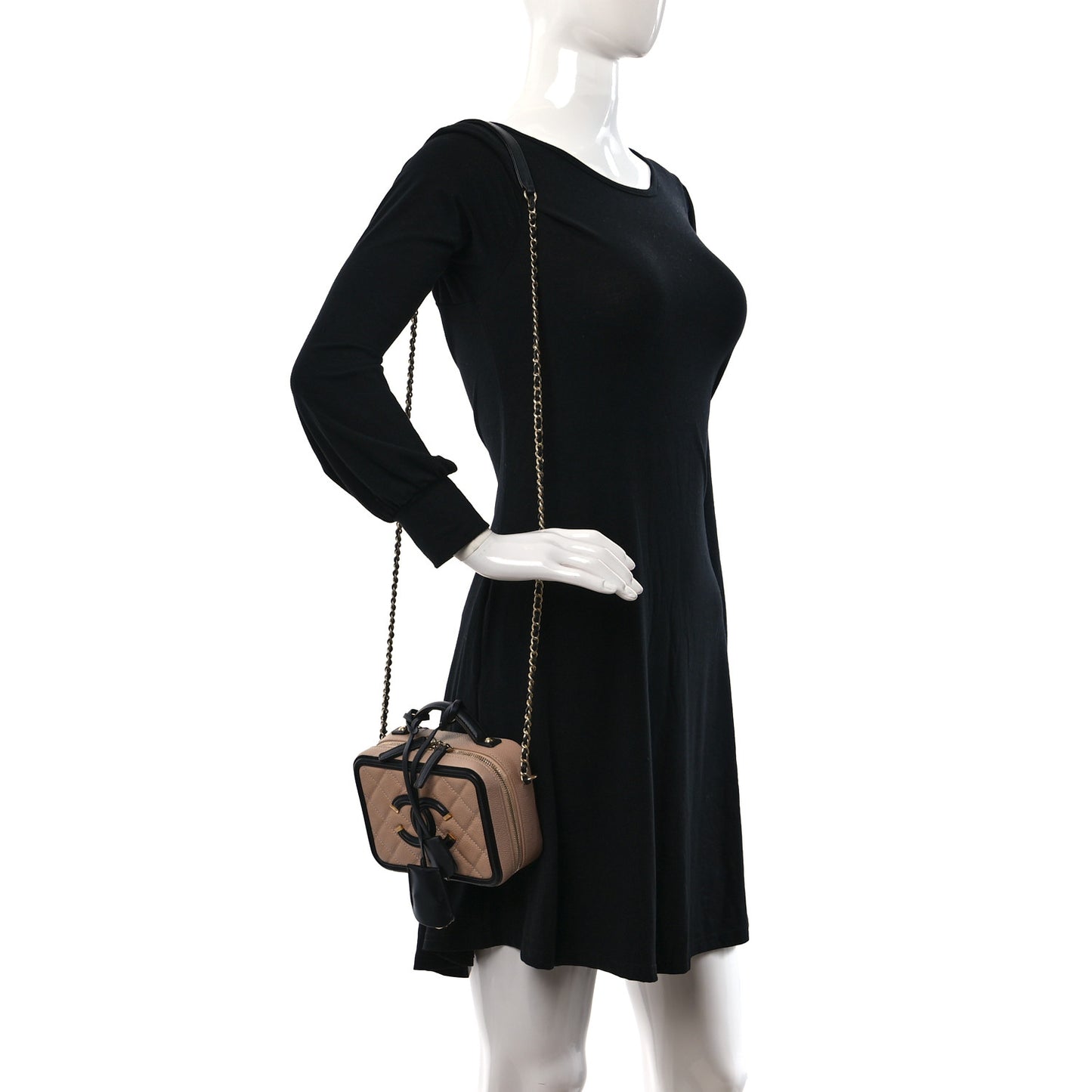 Caviar Quilted Small CC Filigree Vanity Case Beige Black