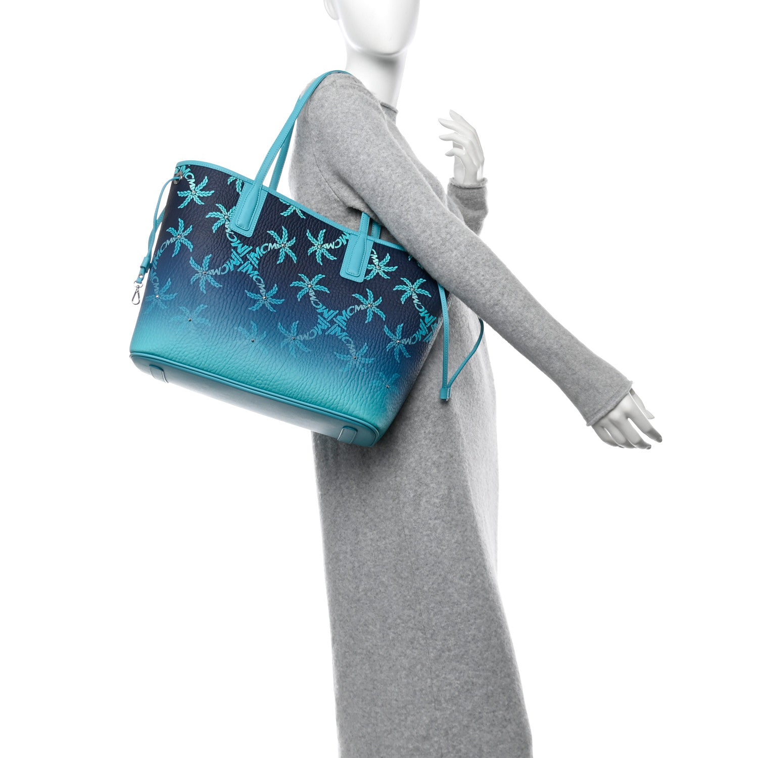 MCM Calfskin Medium Studded Palms Liz Shopper Tote Blue 3 of 10