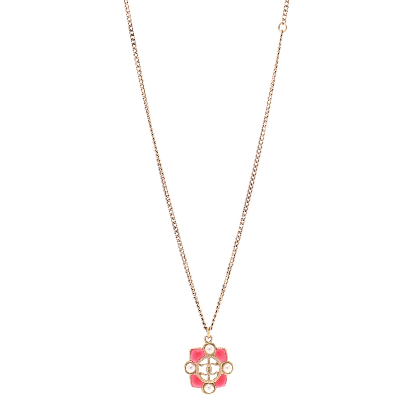 Enamel Pearl CC Necklace Gold Pink