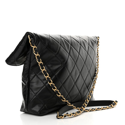 Chanel Calfskin Quilted Crystal Pearls Fold Over Shopping Tote Black 2 of 11