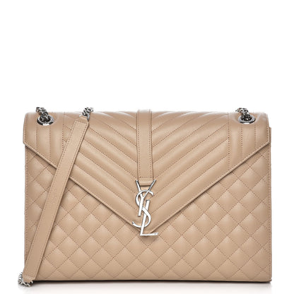 Saint Laurent Grain De Poudre Large Triquilt Monogram Satchel Dark Beige 1 of 7