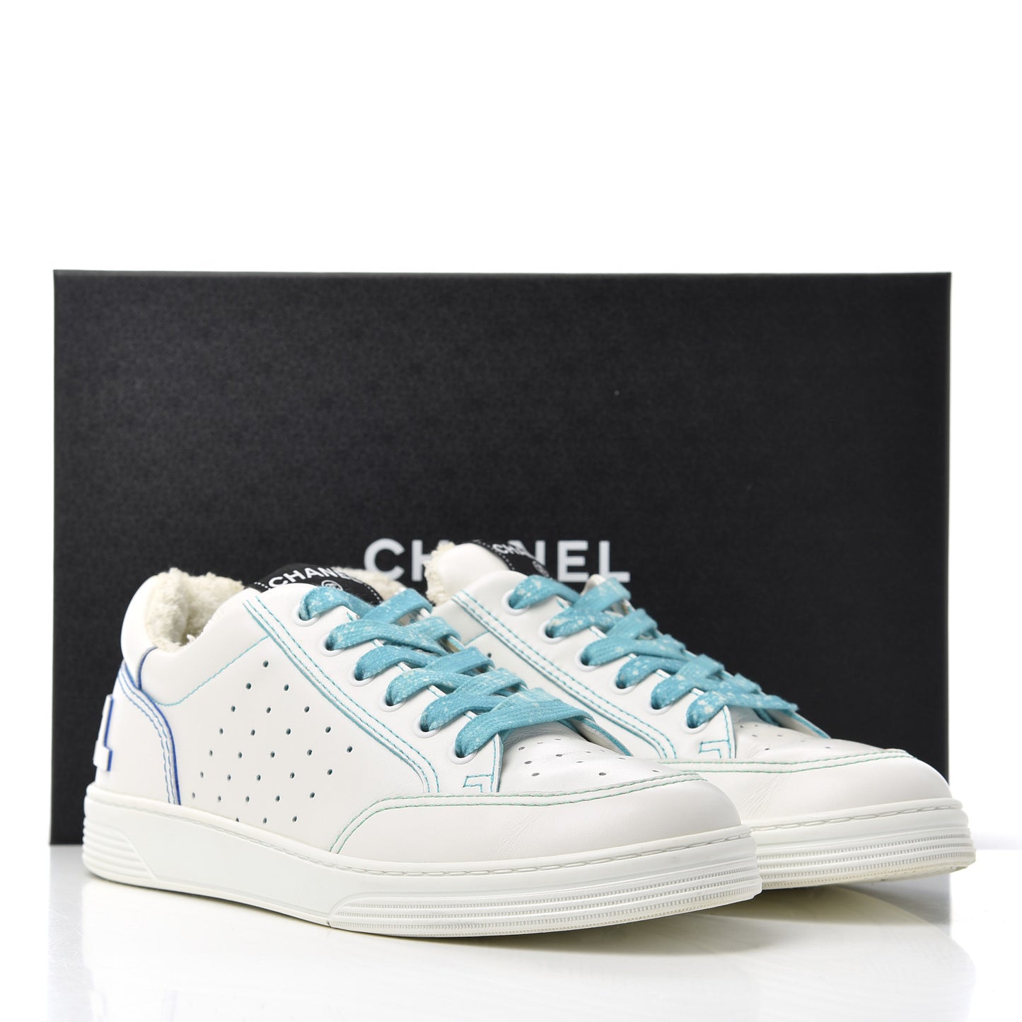 Calfskin Womens Logo Sneakers 40 White Blue