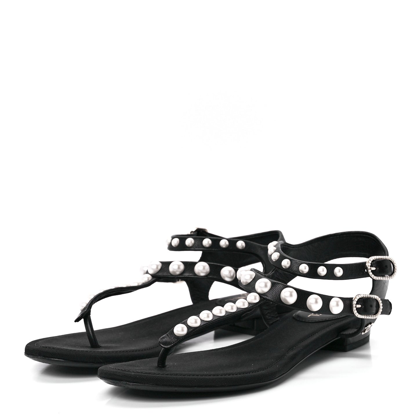 Calfskin Grosgrain Pearl Thong Sandals 36 Black