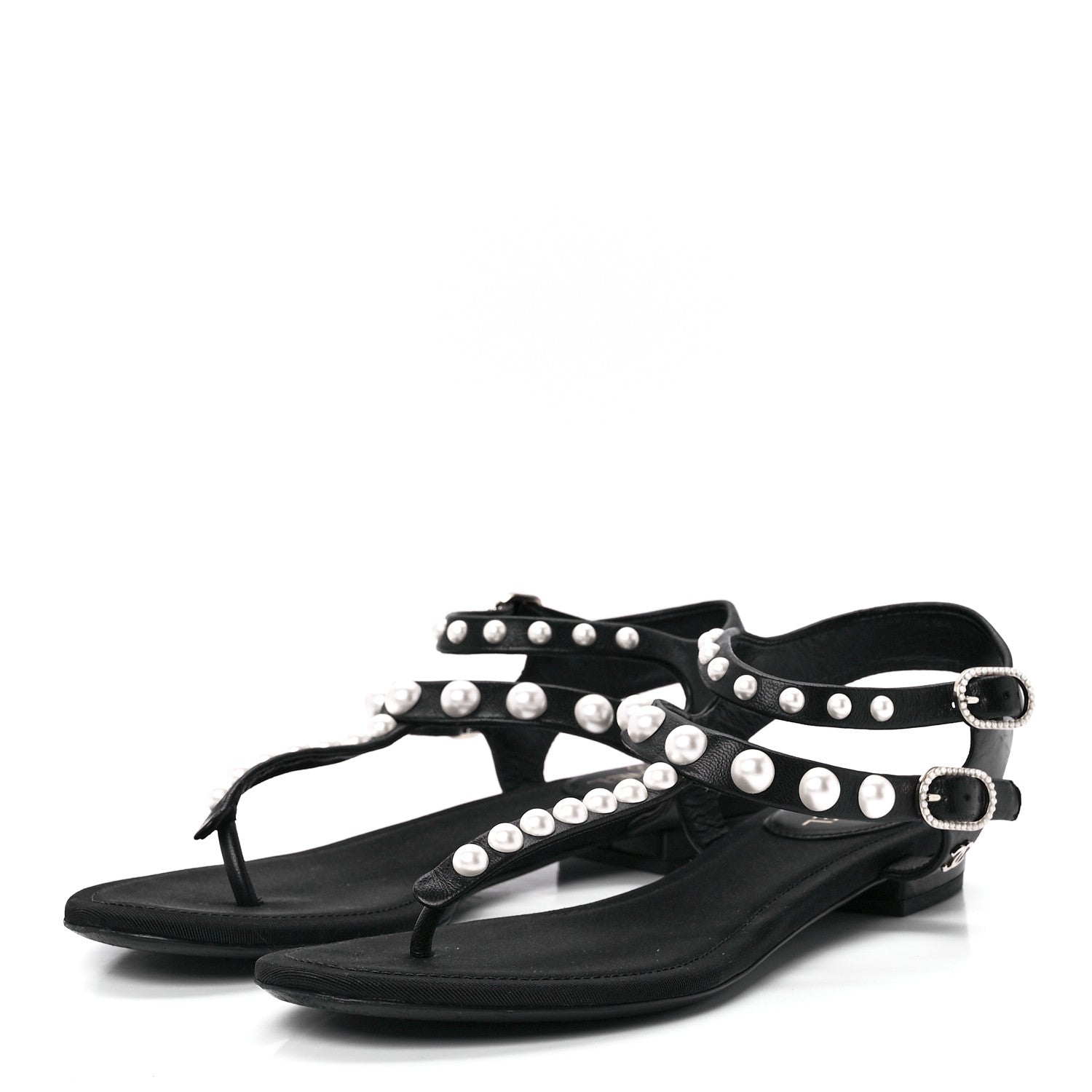 Chanel Calfskin Grosgrain Pearl Thong Sandals 36 Black 3 of 7