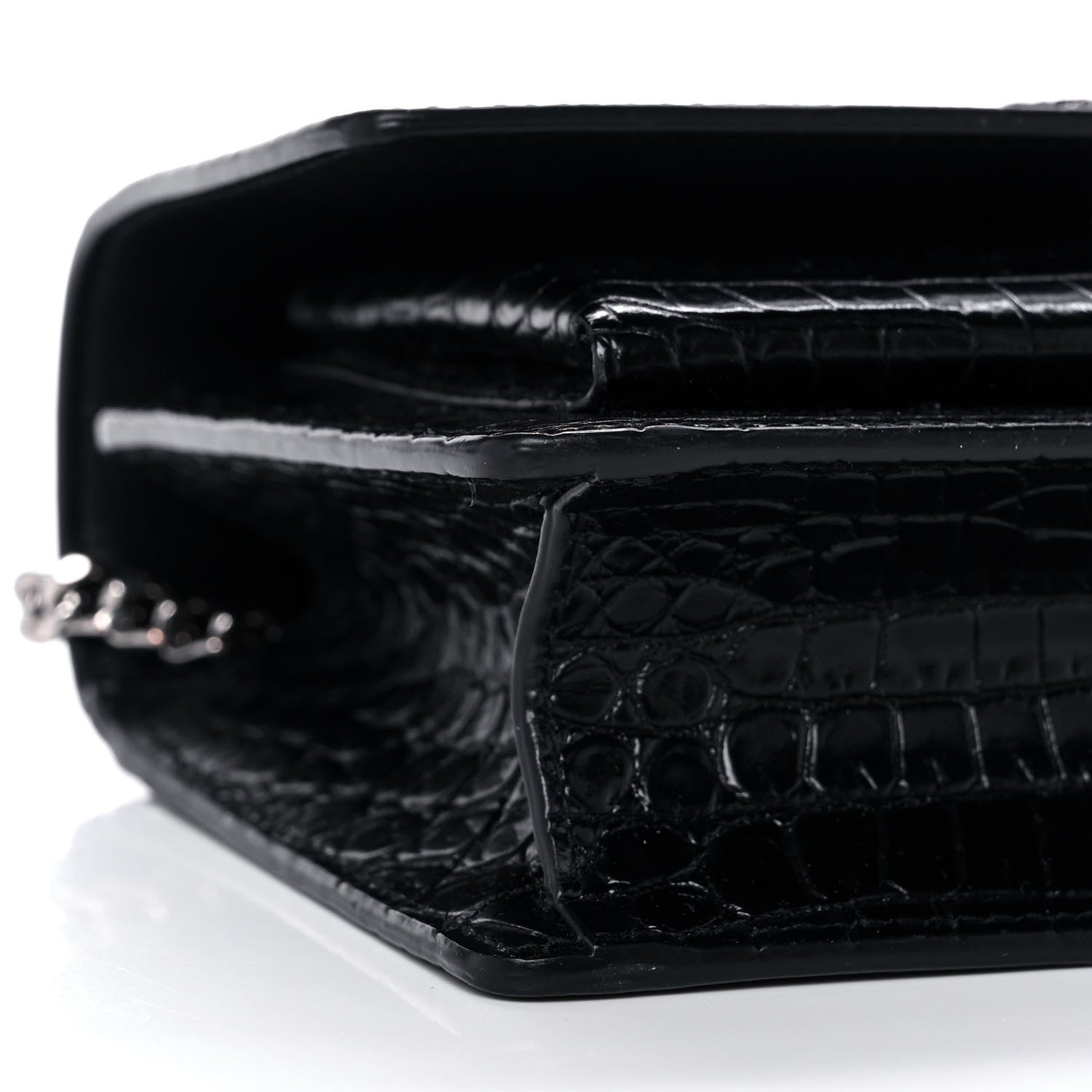Saint Laurent Calfskin Crocodile Embossed Monogram Sunset Chain Wallet Black 9 of 15