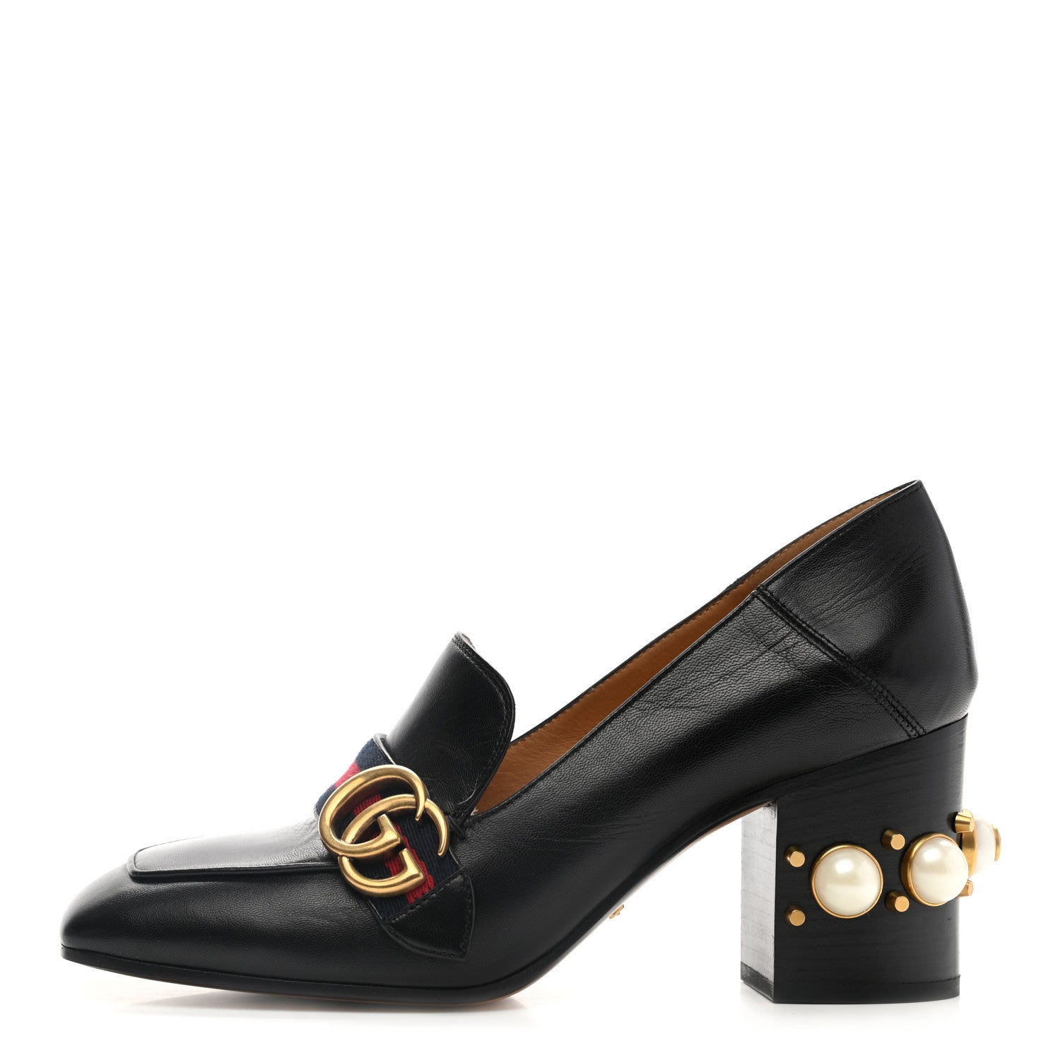 Gucci Malaga Kid Web Pearl Embellished Peyton 75mm Loafer Pumps 39.5 Black 1 of 10