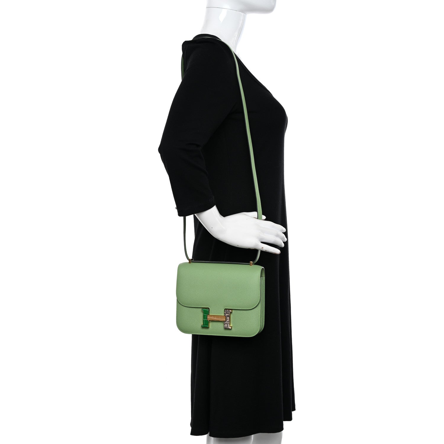 Hermes Epsom Shiny Alligator Lizard Constance 18 Vert Criquet Cactus Beige Sable Ombre 2 of 12