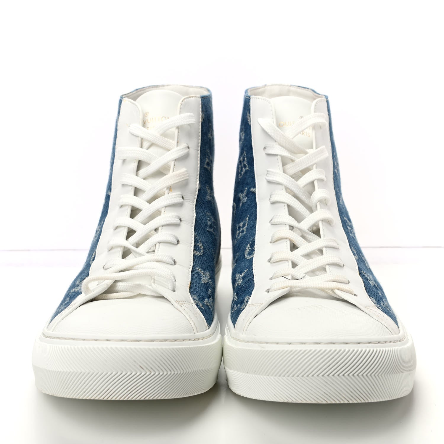 Louis Vuitton Calfskin Denim Monogram Mens Tattoo Sneaker Boots 9 White Blue 2 of 10