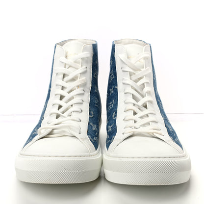 Louis Vuitton Calfskin Denim Monogram Mens Tattoo Sneaker Boots 9 White Blue 2 of 10