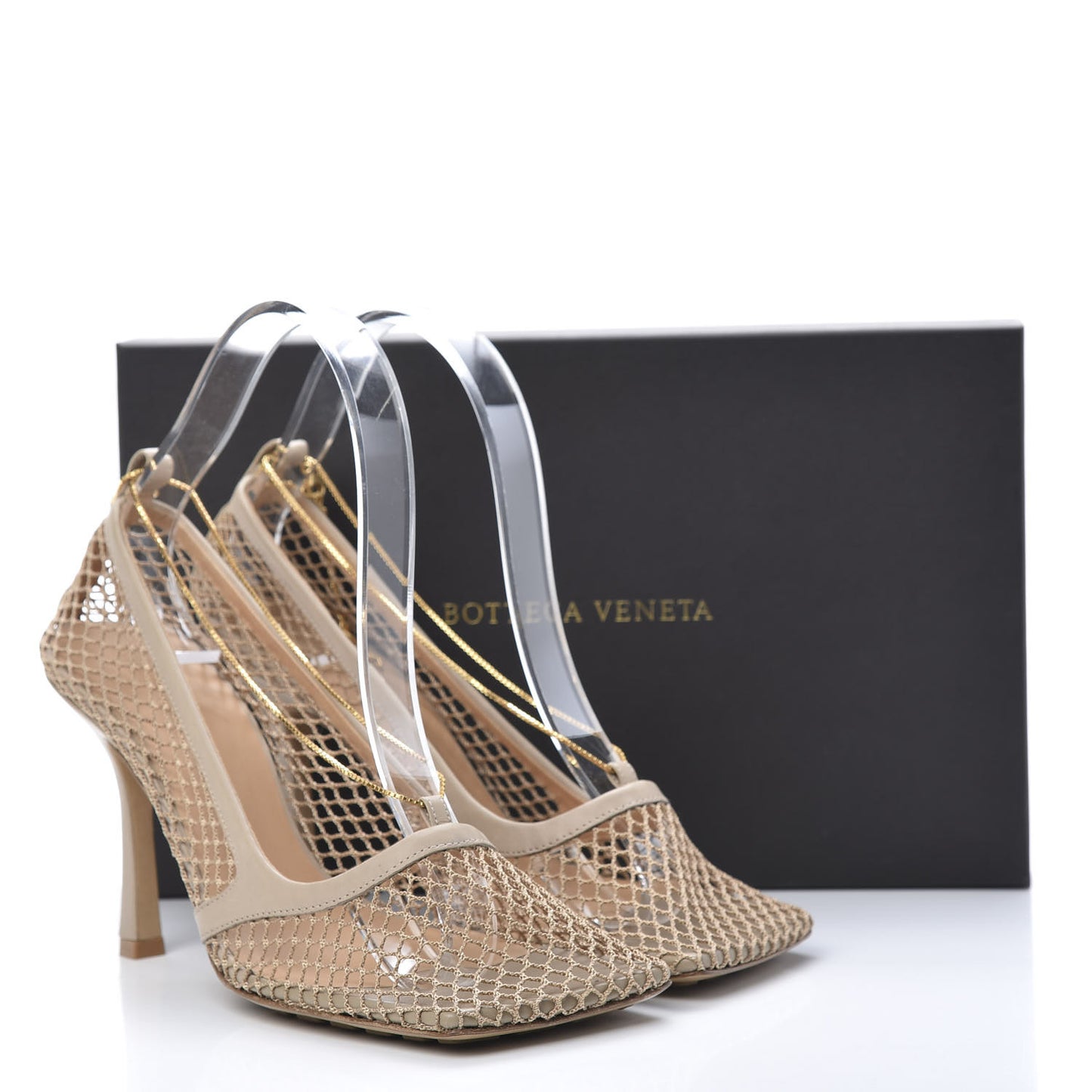 Mesh Calfskin Chain Stretch Pumps 38.5 Beige