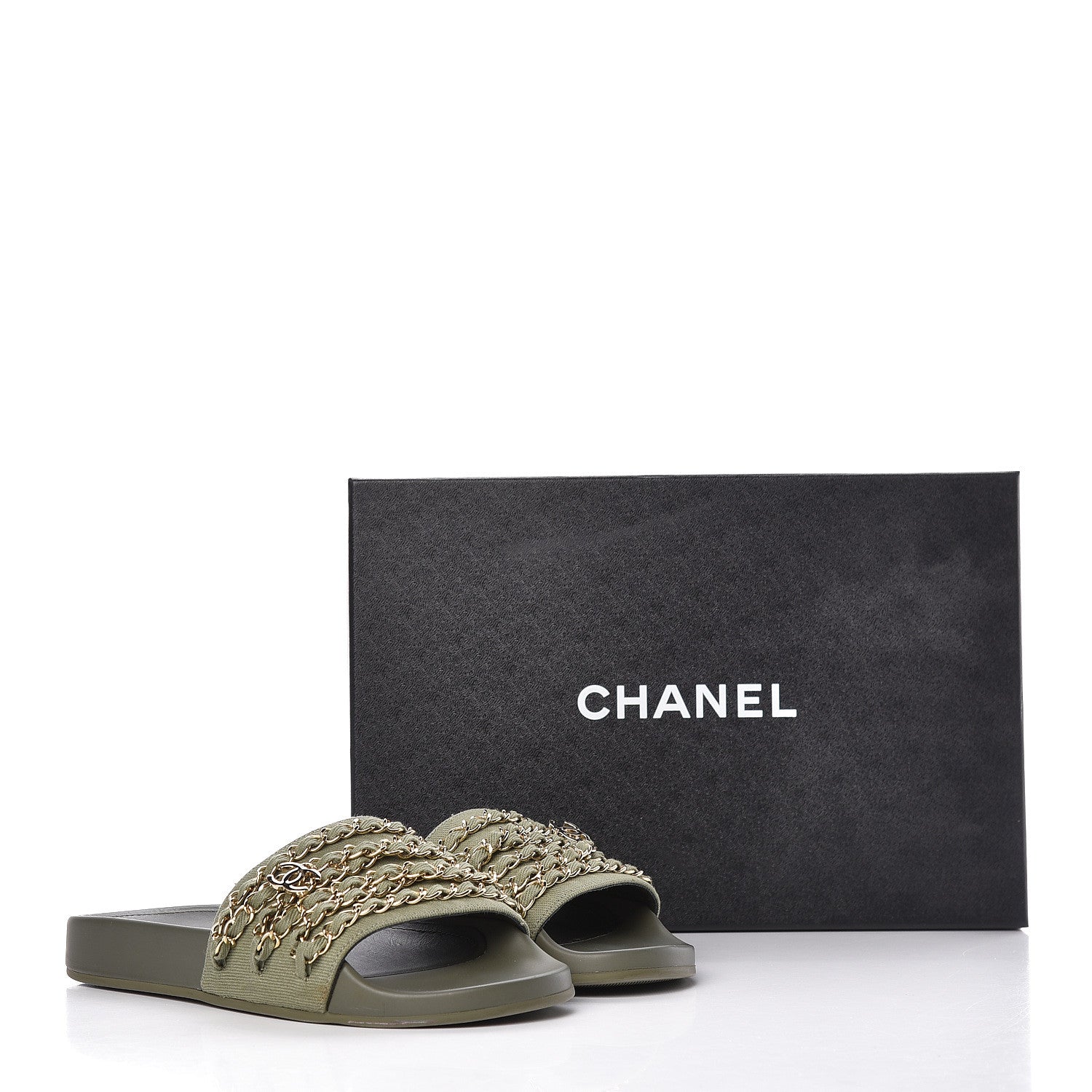 Chanel Canvas Chain Flat Sandals 37 Khaki 13 of 13