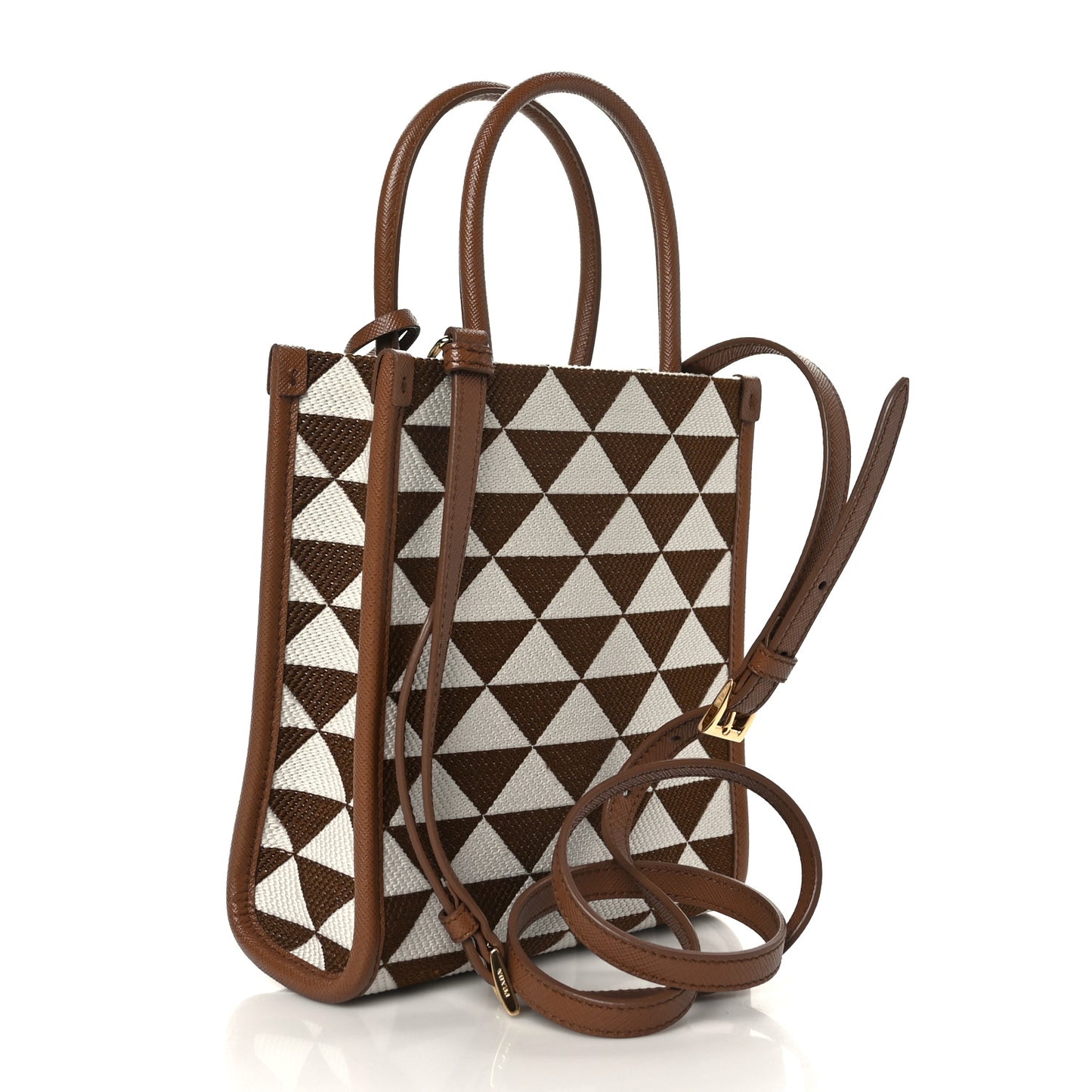 Jacquard Saffiano Triangolo Symbole Embroidered Micro Tote Tobacco Talco