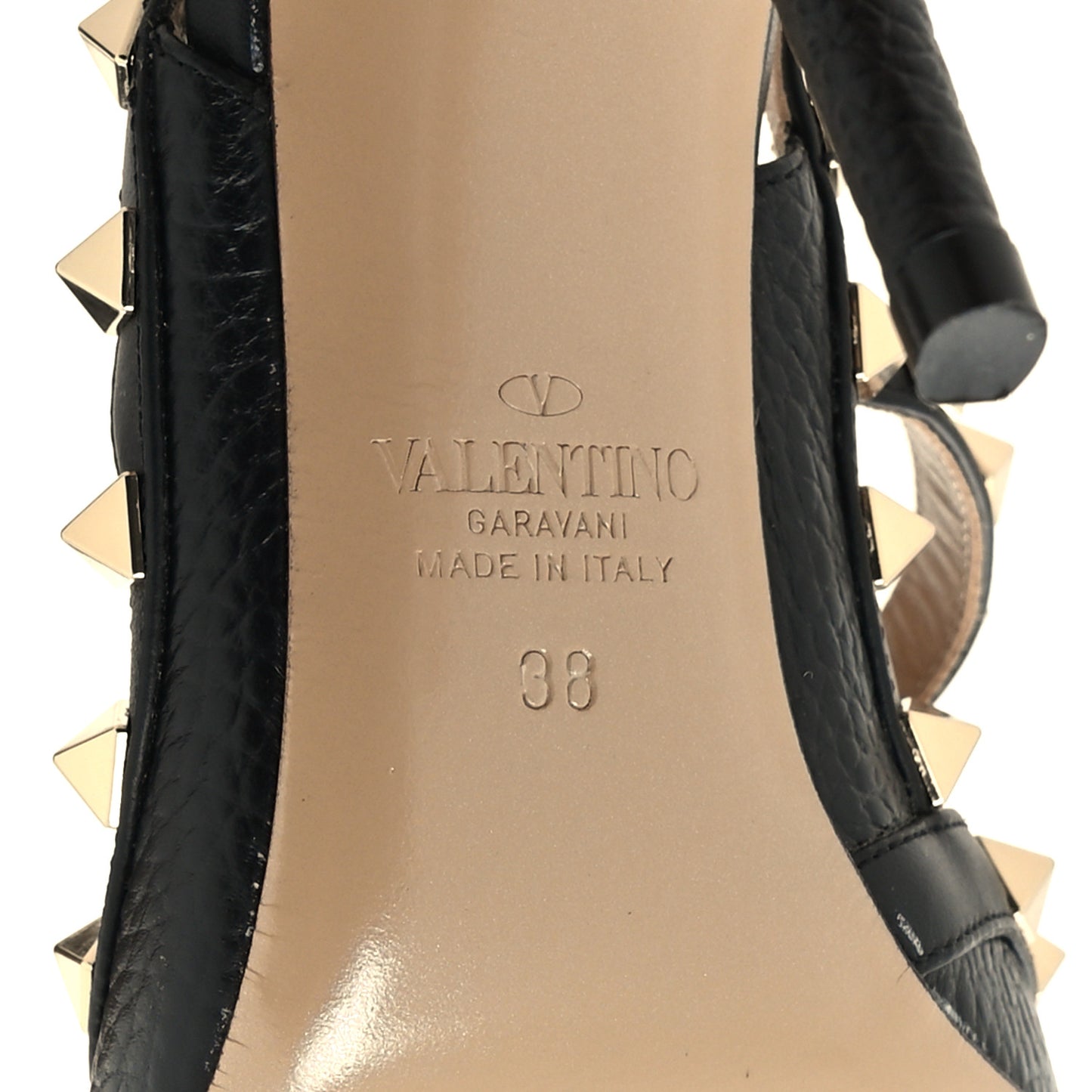Pebbled Calfskin Rockstud Ankle Strap 100mm Pumps 38 Black