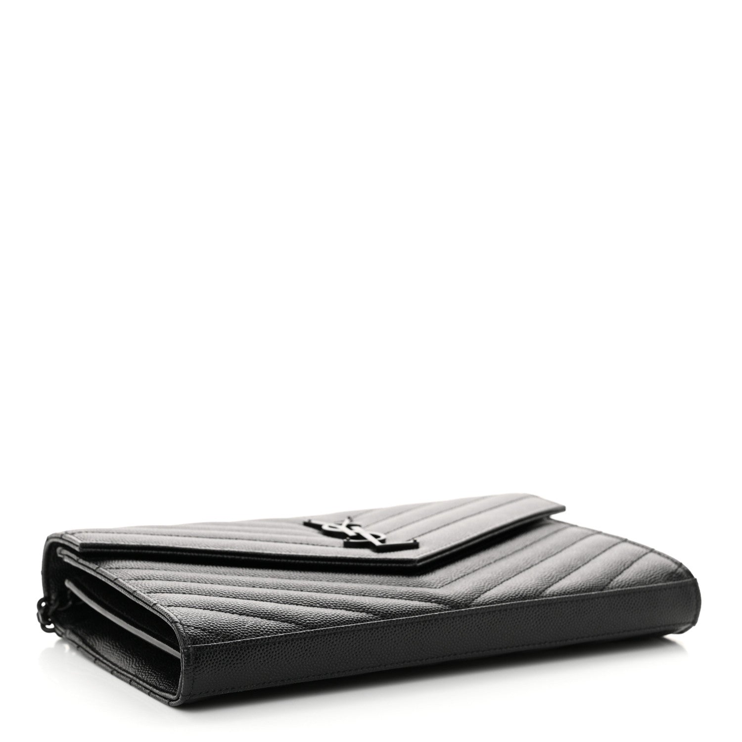 Saint Laurent Grain De Poudre Matelasse Chevron Monogram Monochrome Chain Wallet Black 4 of 12