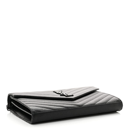 Saint Laurent Grain De Poudre Matelasse Chevron Monogram Monochrome Chain Wallet Black 4 of 12