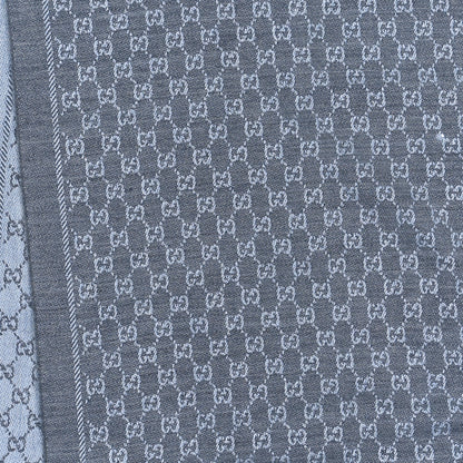 Gucci Wool GG Monogram Reversible New Sten Fringe Scarf Flannel Sky Blue 4 of 4