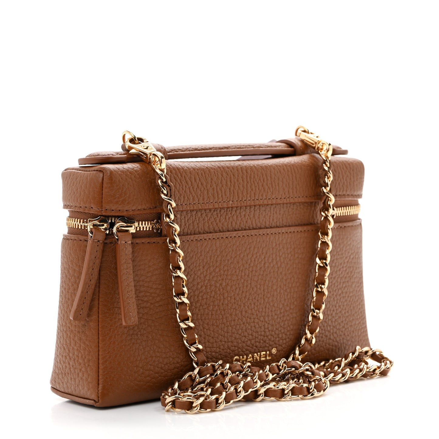 Grained Calfskin Top Handle Slim Vanity Case With Chain Camel