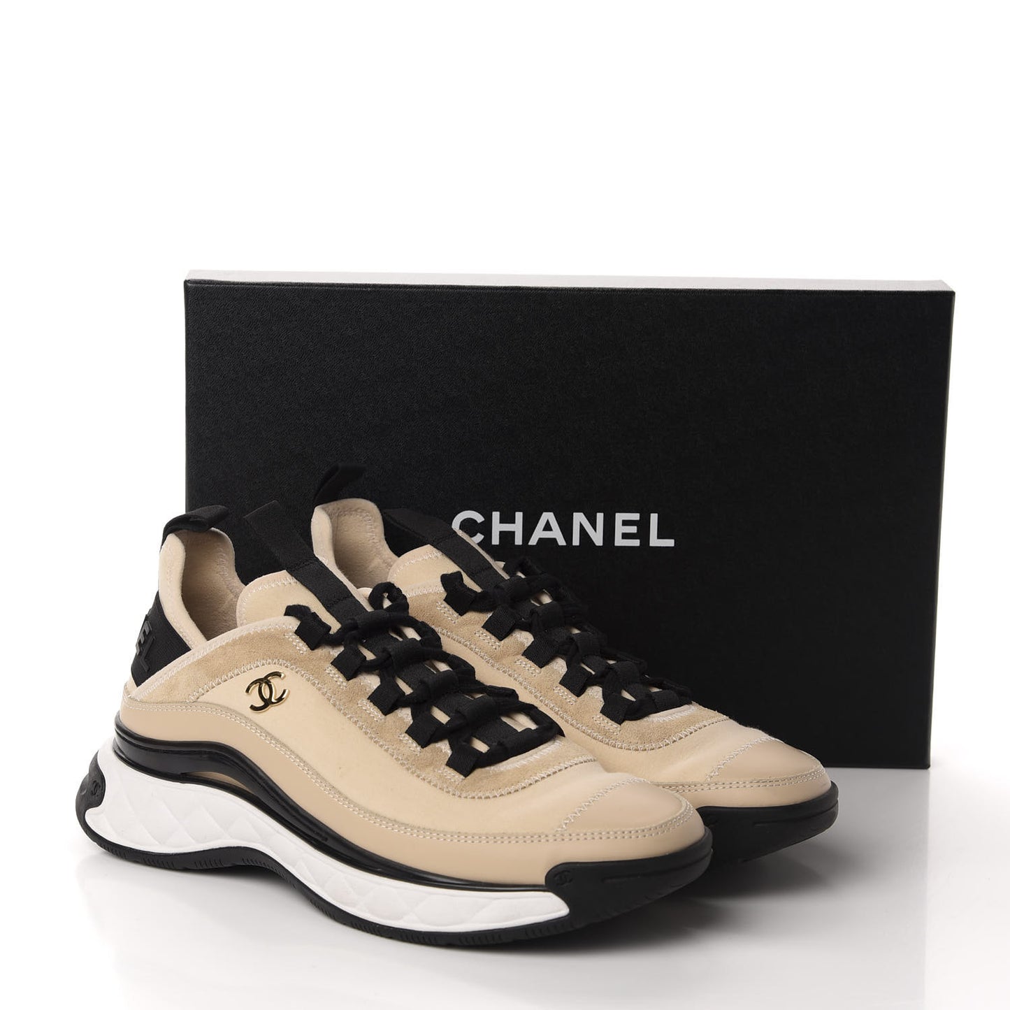 Calfskin Suede Nylon Grosgrain CC Sneakers 38.5 Beige