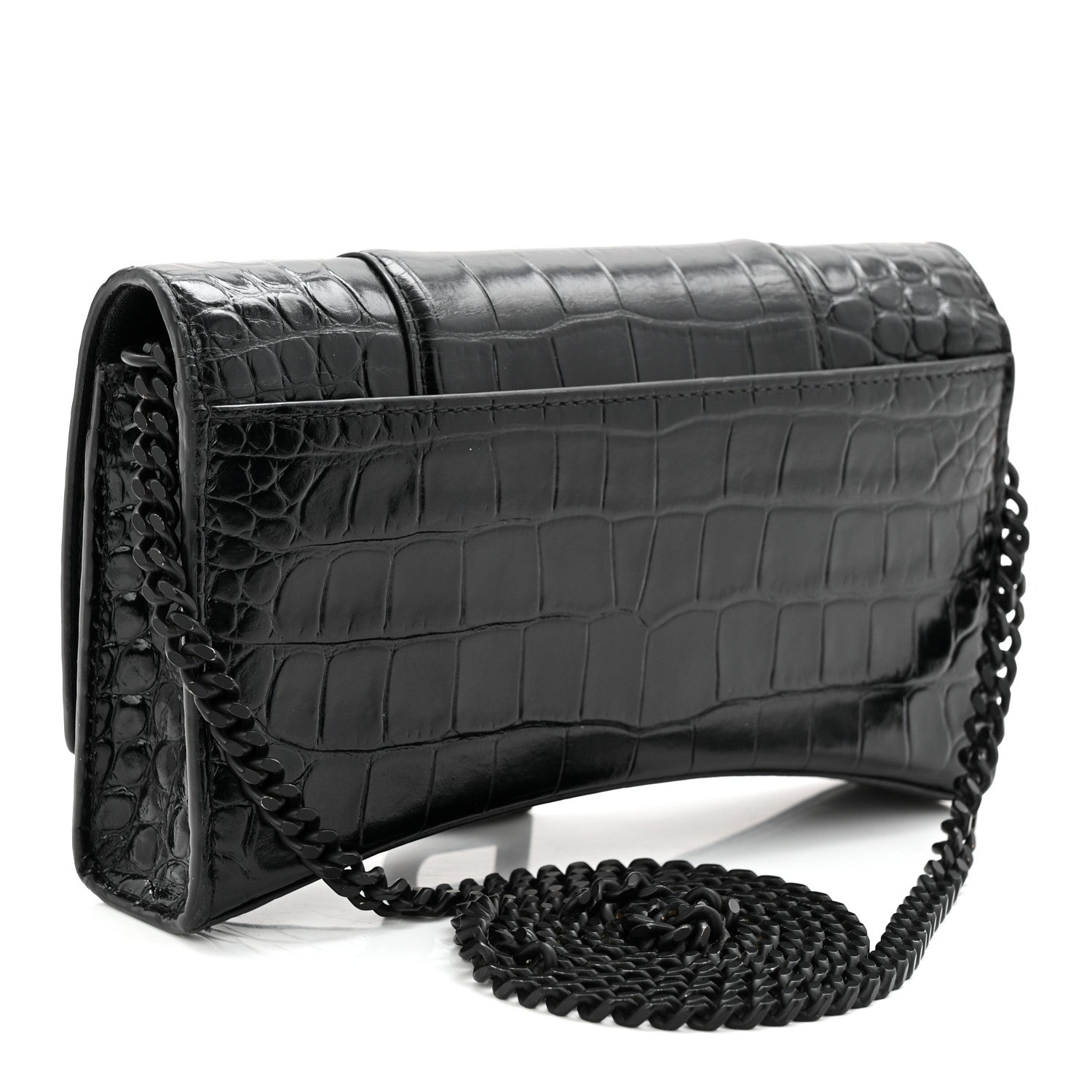 Balenciaga Shiny Calfskin Monochrome Crocodile Embossed Hourglass Chain Bag Black 3 of 9