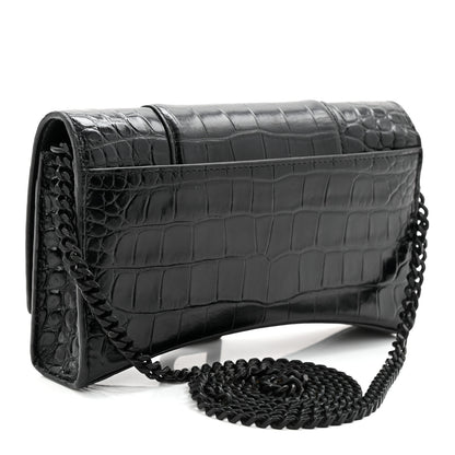 Balenciaga Shiny Calfskin Monochrome Crocodile Embossed Hourglass Chain Bag Black 3 of 9