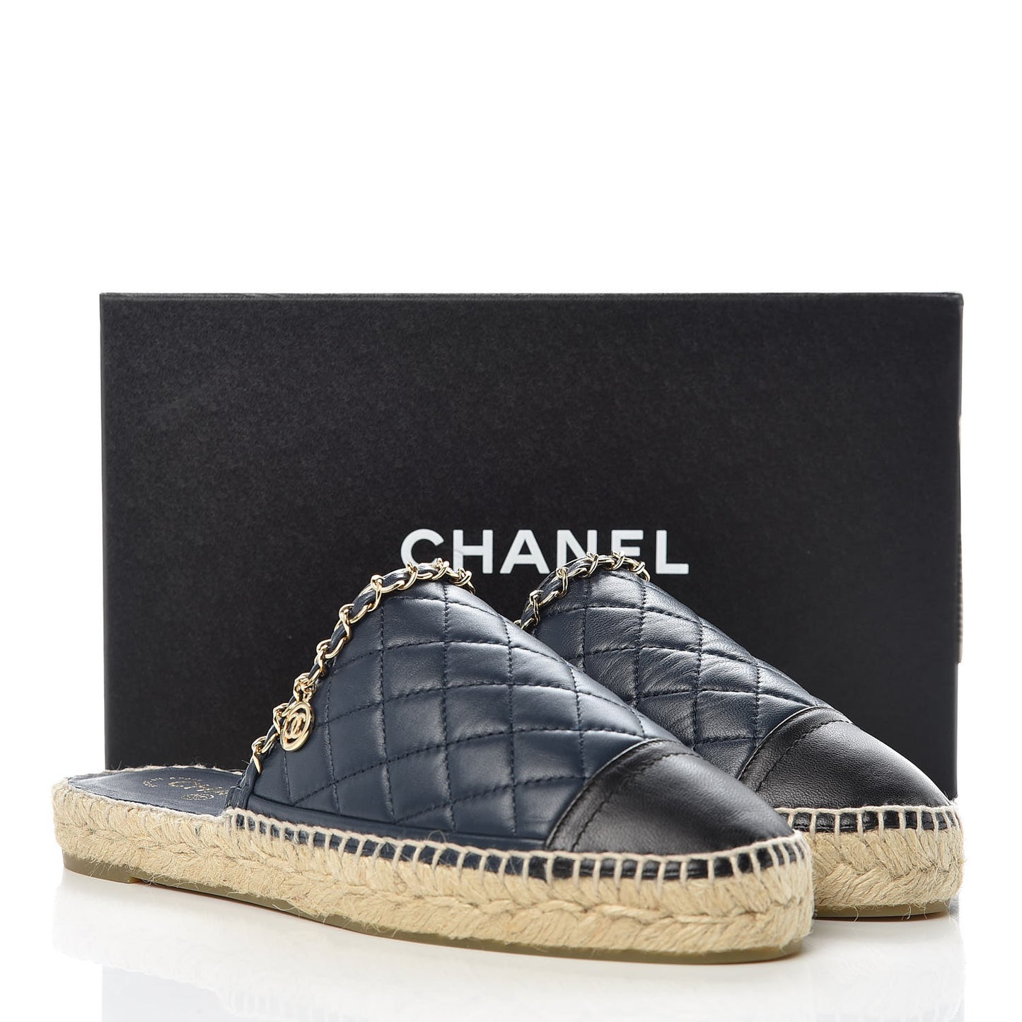Lambskin Grosgrain Quilted CC Chain Espadrille Mules 39 Black Navy
