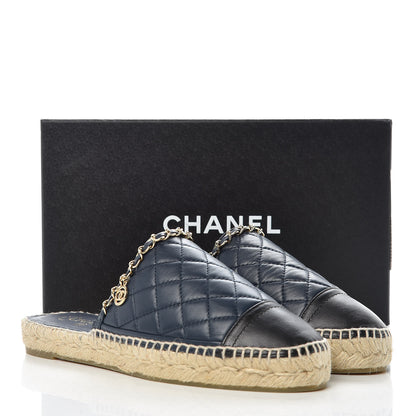 Chanel Lambskin Grosgrain Quilted CC Chain Espadrille Mules 39 Black Navy 11 of 11