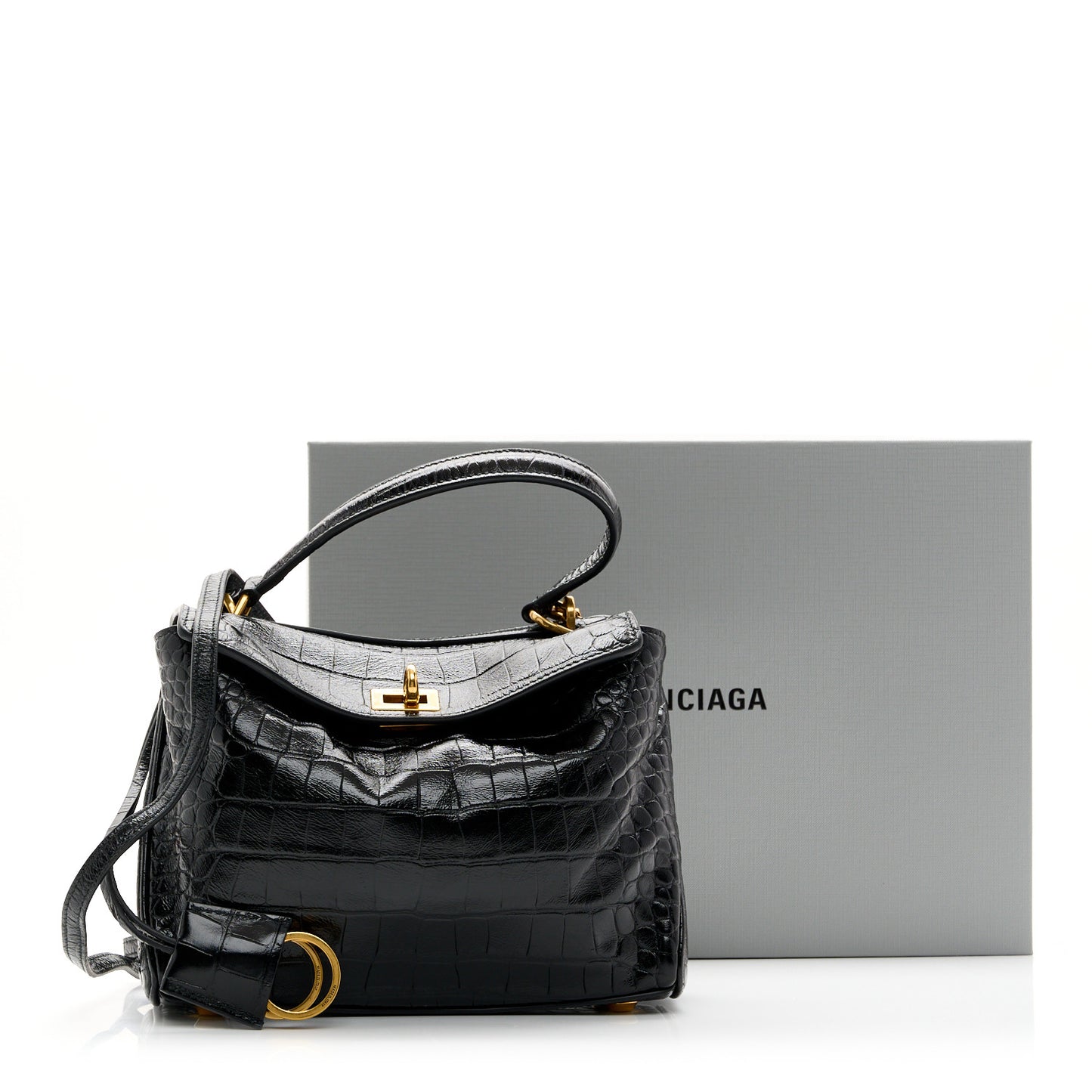 Shiny Calfskin Crocodile Embossed Mini Rodeo Top Handle Handbag Black
