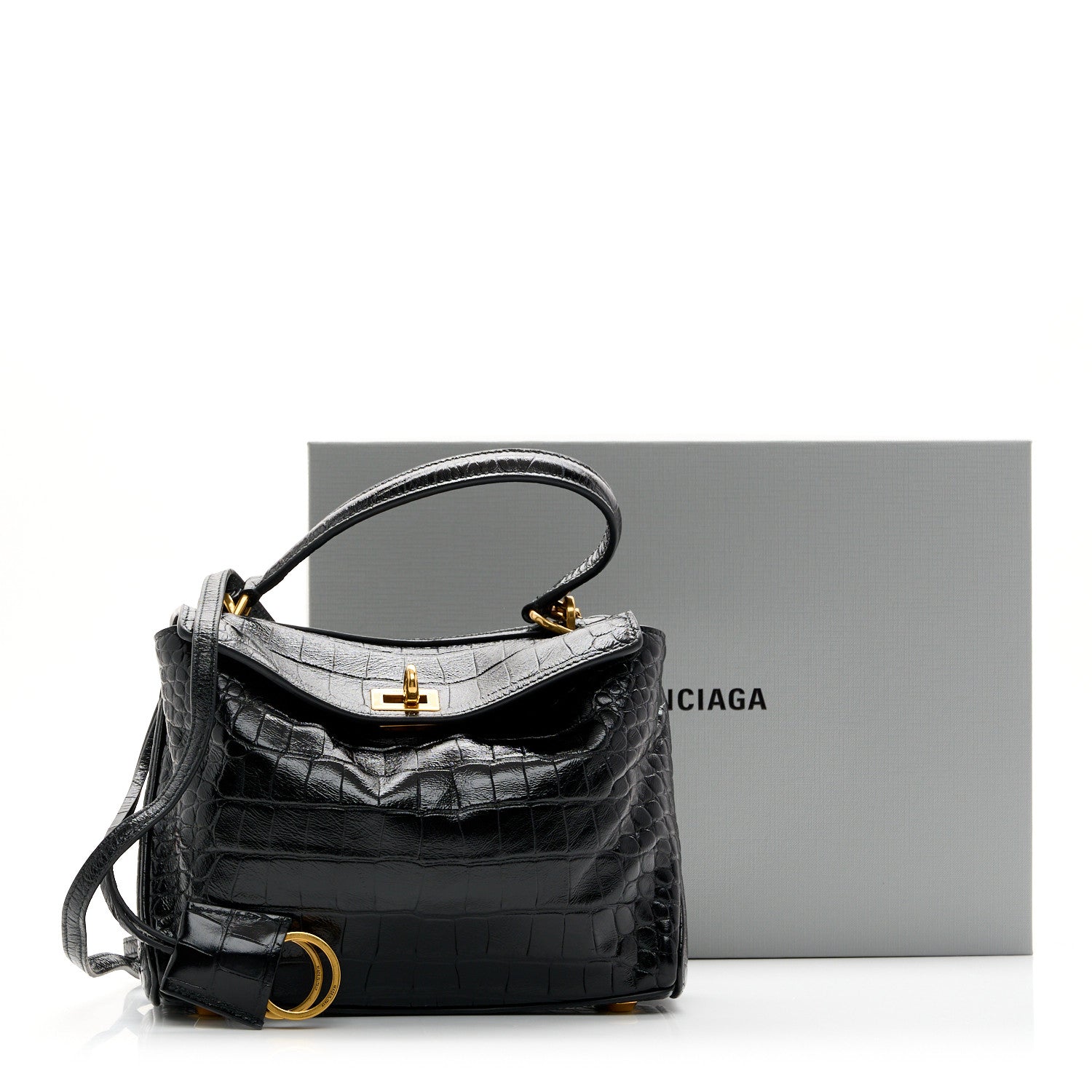 Balenciaga Shiny Calfskin Crocodile Embossed Mini Rodeo Top Handle Handbag Black 16 of 17