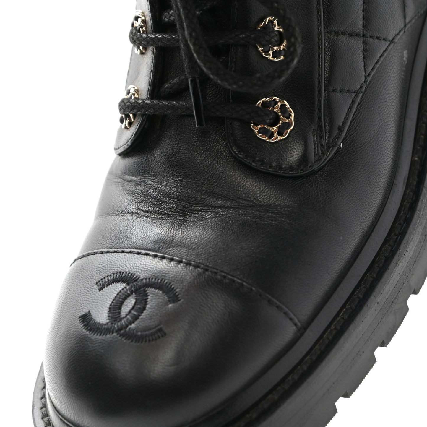 Lambskin Calfskin Quilted Lace Up Combat Boots 38.5 Black