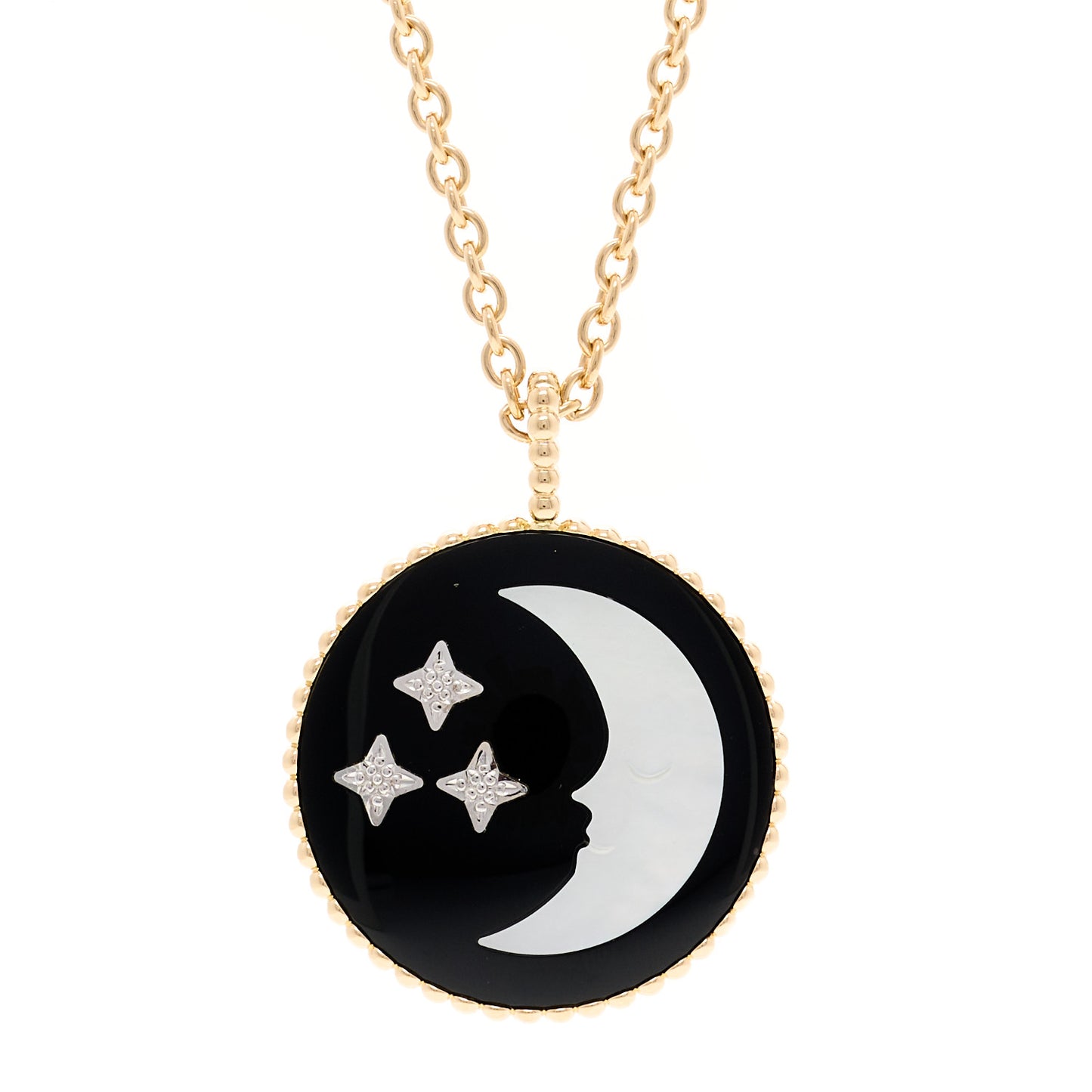 18K Yellow White Gold Diamond Black Onyx Mother of Pearl Rose Celeste Medallion Pendant Necklace