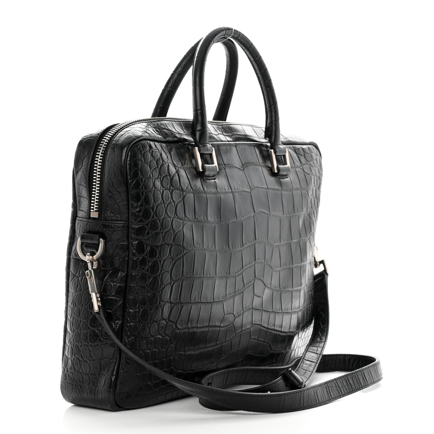 Saint Laurent Calfskin Crocodile Embossed Bold Briefcase Black 3 of 10