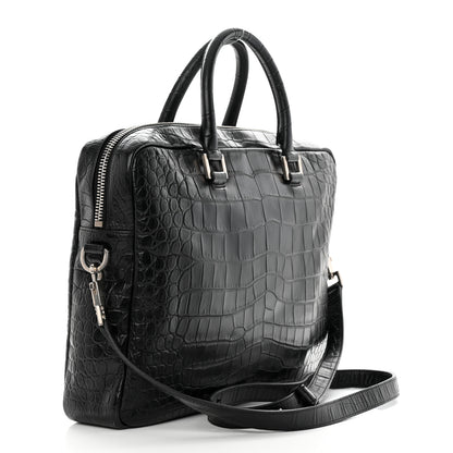 Saint Laurent Calfskin Crocodile Embossed Bold Briefcase Black 3 of 10