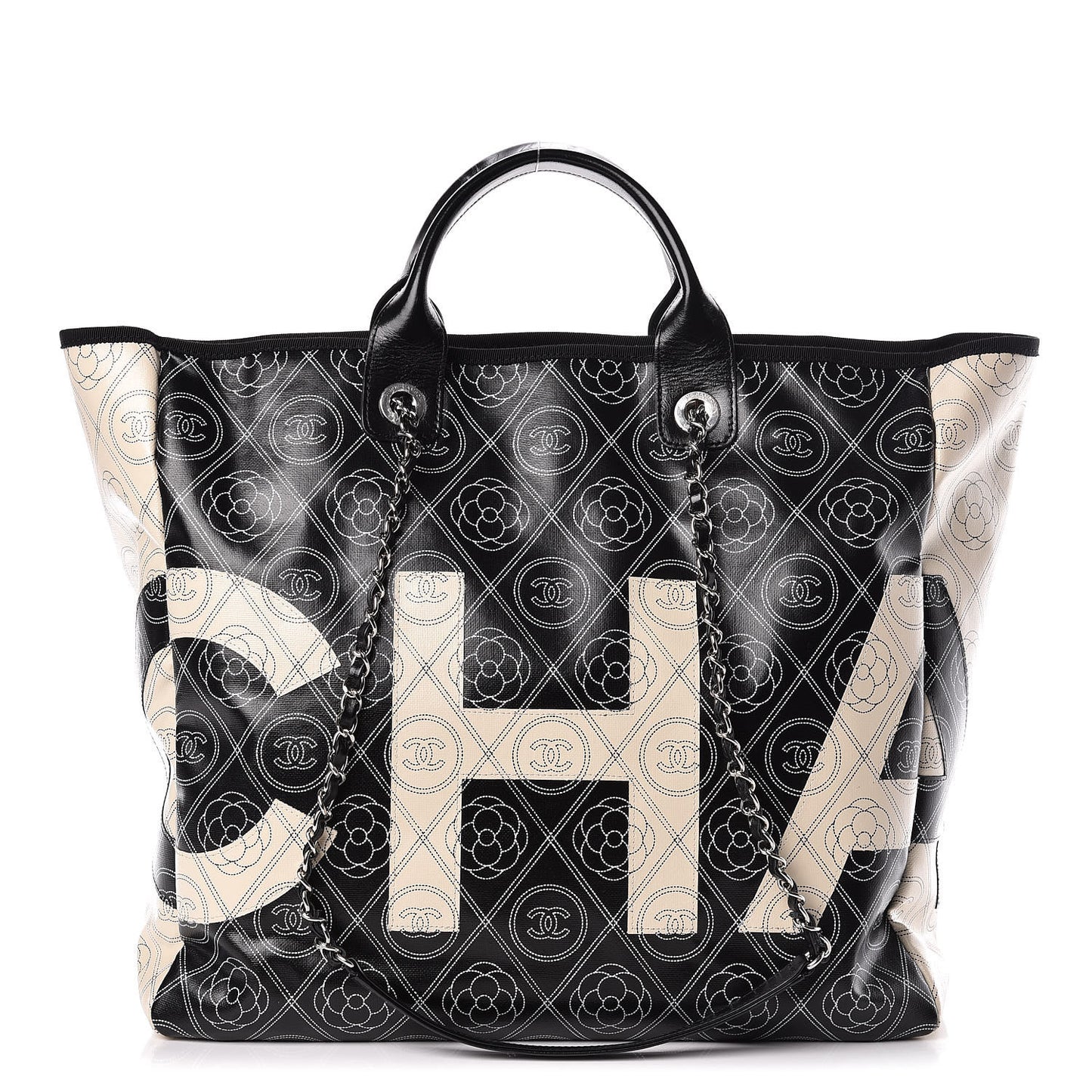 Coated Canvas Camellia Medium Shopping Tote Black Beige